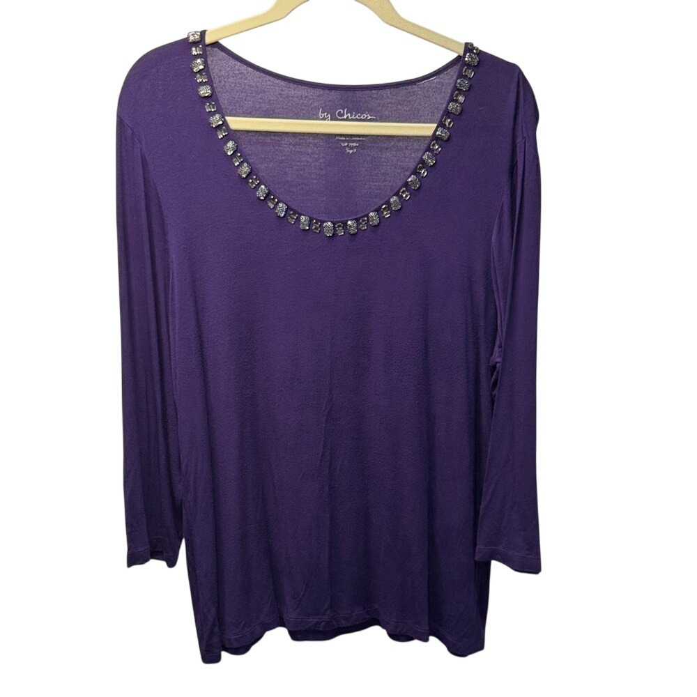 Chicos Purple Embellished Scoop Neck 3/4 Sleeve‎ Knit Top Size 2 L Large